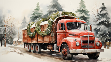 watercolour illustration of red christmas truck and christmas tree