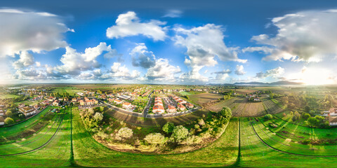 Aerial view of beautiful village in the countryside. Full spherical seamless panorama 360 degrees 