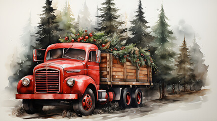 watercolour illustration of red christmas truck and christmas tree - obrazy, fototapety, plakaty