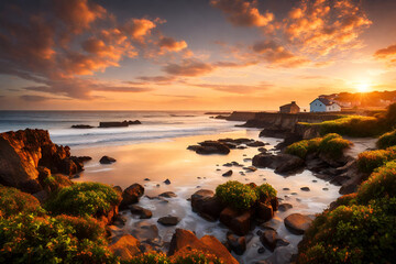 Fototapeta premium Embrace the tranquil beauty of a coastal village at sunrise in our stock image collection. Witness the gentle embrace of the waves as the village awakens to a new day by the sea, capturing the essence
