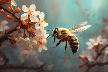 A bee gathers nectar from a blossom. Generative AI - obrazy, fototapety, plakaty