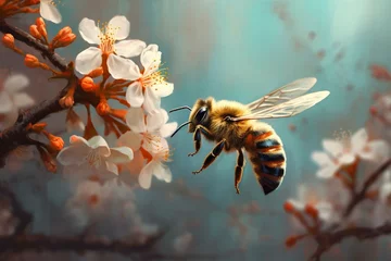 Fotobehang A bee gathers nectar from a blossom. Generative AI © Aeris
