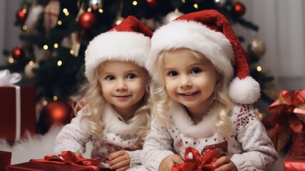 Fototapeta na wymiar Santa's Little Helpers: Twin Girls in Santa Hats Celebrating Christmas with Indoor Tree and Presents