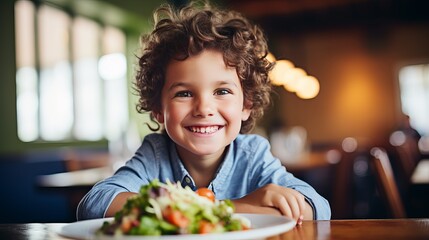 Little boy enjoys his breakfast with coleslaw and salad. - obrazy, fototapety, plakaty