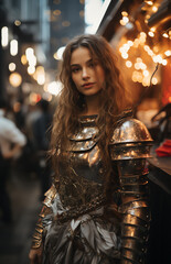 Junge sch&ouml;ne Frau in Ritterr&uuml;stung