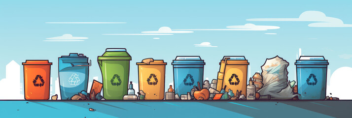Multicolored trash containers isolated, sorting and recycling trash, banner illustration - obrazy, fototapety, plakaty