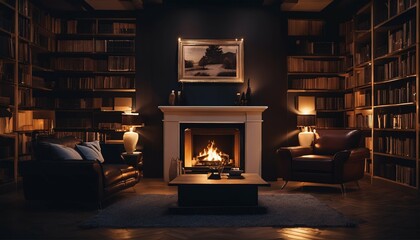 Fireplace room features: Warm fire, surrounded by bookshelves and armchairs - obrazy, fototapety, plakaty