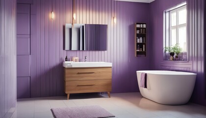 Fototapeta na wymiar Purple-tiled bathroom: Minimalist design with wooden cabinet, mirror, and bathtub