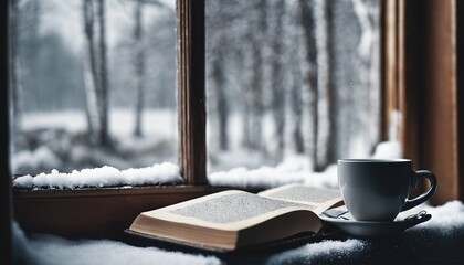 Winter still life: Hot coffee and book on vintage windowsill with snowy landscape view