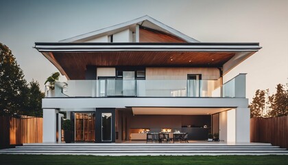 Contemporary two-story house: Features angular roof and balcony