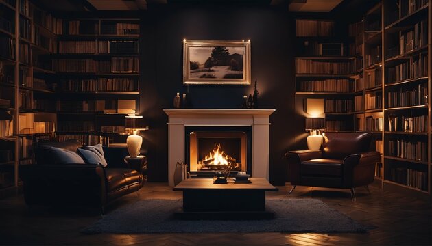 Fireplace room features: Warm fire, surrounded by bookshelves and armchairs