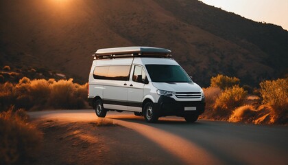 Nature road trip: Van traveling through canyon at sunset, journey to adventure and freedom