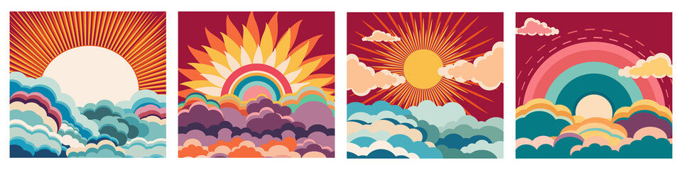 A vector illustration of 90s groovy posters in a cartoon psychedelic style.Boho and hippie design,featuring vibrant  retro elements and trippy landscapes. Clouds, sea ,sun rays and psychedelic waves. - obrazy, fototapety, plakaty