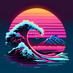  illustration of the sea wave in the style of the 80s - obrazy, fototapety, plakaty