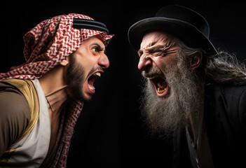 Conflict Zone Confrontation: Extremists at Odds. Arab man vs. Jewish man. Jews against Arabs. Conflict in the Middle east. War against terror. Extremists groups.  Black background. Yelling, shouting - obrazy, fototapety, plakaty
