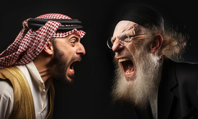 Middle East Standoff: Jewish and Arab Rivals. Arab man vs. Jewish man. Jews against Arabs. Conflict in the Middle east. War against terror. Extremists groups.  Black background. Yelling, shouting - obrazy, fototapety, plakaty