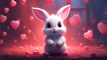 A white rabbit sitting in front of a bunch of pink hearts