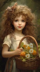 A painting of a little girl holding a basket of flowers