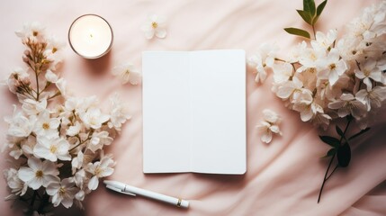 A notepad with a pen and a candle on a bed