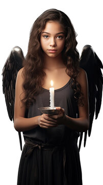 a young ethnic girl holding a candle with wings, front view portrait in an isolated and transparent PNG in a Holiday-themed, photorealistic illustration. Generative ai