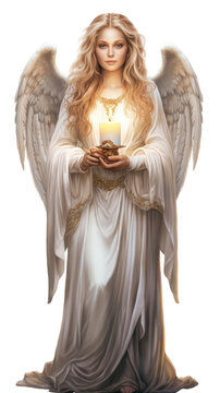 an Angel holding a lit candle in an isolated and transparent PNG in a Religious-themed, photorealistic illustration. Generative ai