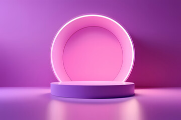 Pink presentation stage with glowing circle podium display. AI generative image