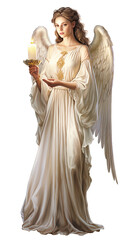 an Angel holding a lit candle in an isolated and transparent PNG in a Religious-themed, photorealistic illustration. Generative ai