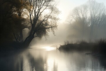 Foggy morning landscape featuring a river, trees, and mist. Generative AI