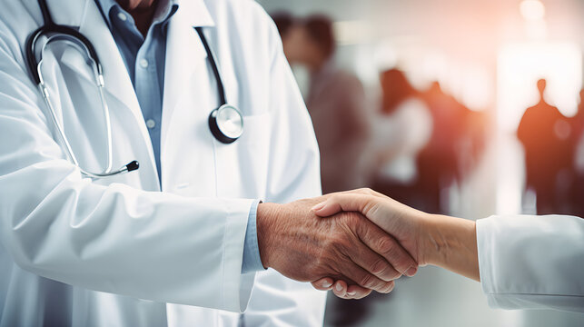 Physician in white coat and stethoscope shaking hands with a patient. Blurred background and copy space. Health and patients background