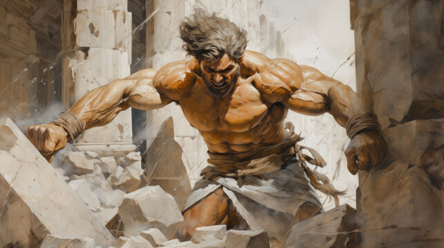 Samson the biblical hero with superhuman strength who freed Gods people from the Philistines Generative AI Illustration