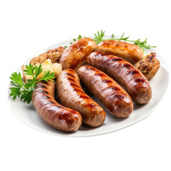 a dish of sausages, in an isolated and transparent PNG in a Food-themed, photorealistic illustration Generative ai