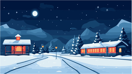 Train dans un paysage de neige à la nuit tombée, IA générative