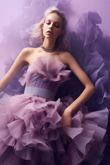 blonde woman wearing purple designer dress