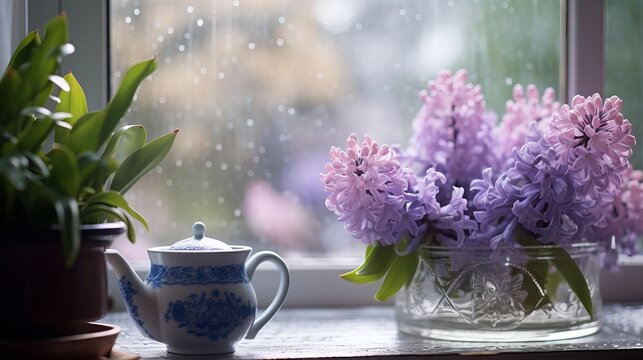 In close-up, one can see a bouquet of blooming hyacinths and a cup of tea by the window on a rainy day.