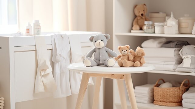 Inside, A White Table With A Stack Of Baby Clothes, Shoes, And Accessories Is Being Closed Up.