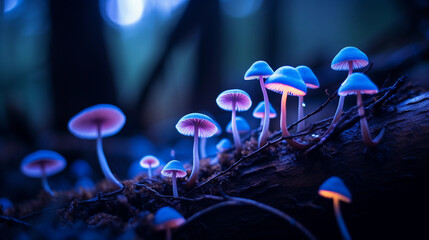 Fototapeta premium Clusters of luminescent Mycena mushrooms glowing in a dark forest at twilight, blue bioluminescent light, soft ground fog