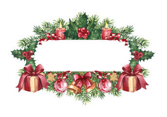 A festive frame for a Christmas card. With a Christmas tree, holiday decorations and gifts. Handmade watercolor illustration. Christmas template for ticket, flyer, greeting card and invitation.
