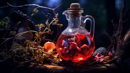 Magical poison is a must-have item in the Halloween witch kitchen, and it can be found by staying near dry autumn leaves, moss berries, red toadstools, fly, agaric spider web, and blue - obrazy, fototapety, plakaty