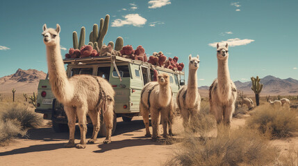 Llama caravan, in the desert with cacti, mimicking an expedition - obrazy, fototapety, plakaty
