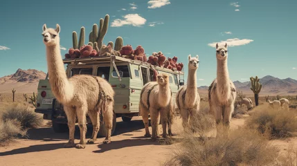 Deurstickers Llama caravan, in the desert with cacti, mimicking an expedition © Marco Attano