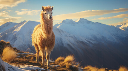Majestic Llama in the Andes Mountains, standing on a hill with snow - capped mountains in the background, golden hour lighting