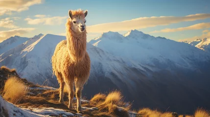 Photo sur Aluminium brossé Lama Majestic Llama in the Andes Mountains, standing on a hill with snow - capped mountains in the background, golden hour lighting