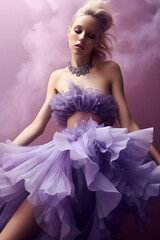 blonde woman wearing purple designer dress