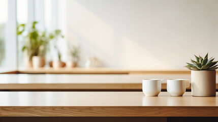 Modern minimalist coffee shop, white interior, clean lines, succulents on wooden tables, large windows, morning light pouring in