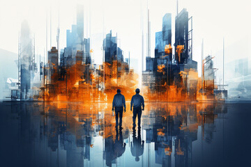 Artistic double exposure of a construction site and construction workers in a striking blue and orange color theme. Ai generated