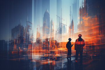 Artistic double exposure of a construction site and construction workers in a striking blue and orange color theme. Ai generated