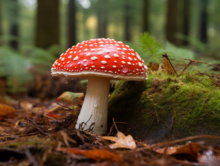 Fototapeta premium Amanita muscaria, commonly known as the fly agaric, vivid red cap with white spots, nestled in a dense forest, wet soil and fallen leaves around. Captured at eye - level, ambient forest lighting, mois