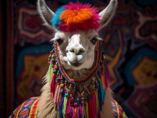Naklejka premium Solo Llama, adorned with traditional Peruvian textiles, looking curious, vibrant colors
