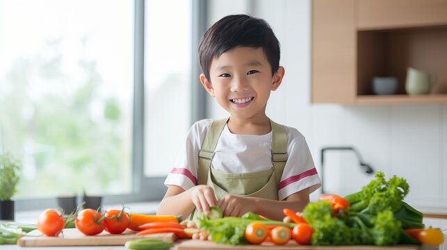 The Asian boy's son is cooking a salad using a wooden spoon and vegetables that include tomatoes, carrots, and bell peppers on a plate to create a happy family and enjoy their lifestyle in