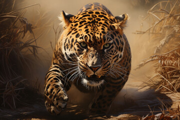 Running tiger, showcasing the potent combination of power and grace that defines this magnificent wild predator in its natural habitat. Ai generated